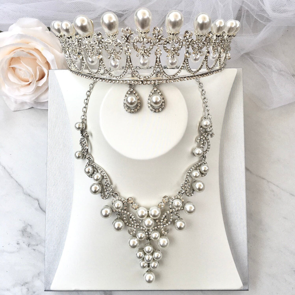Wedding Jewelry and Accessories - Pearl 3-Piece Bridal Jewelry Set With Tiara