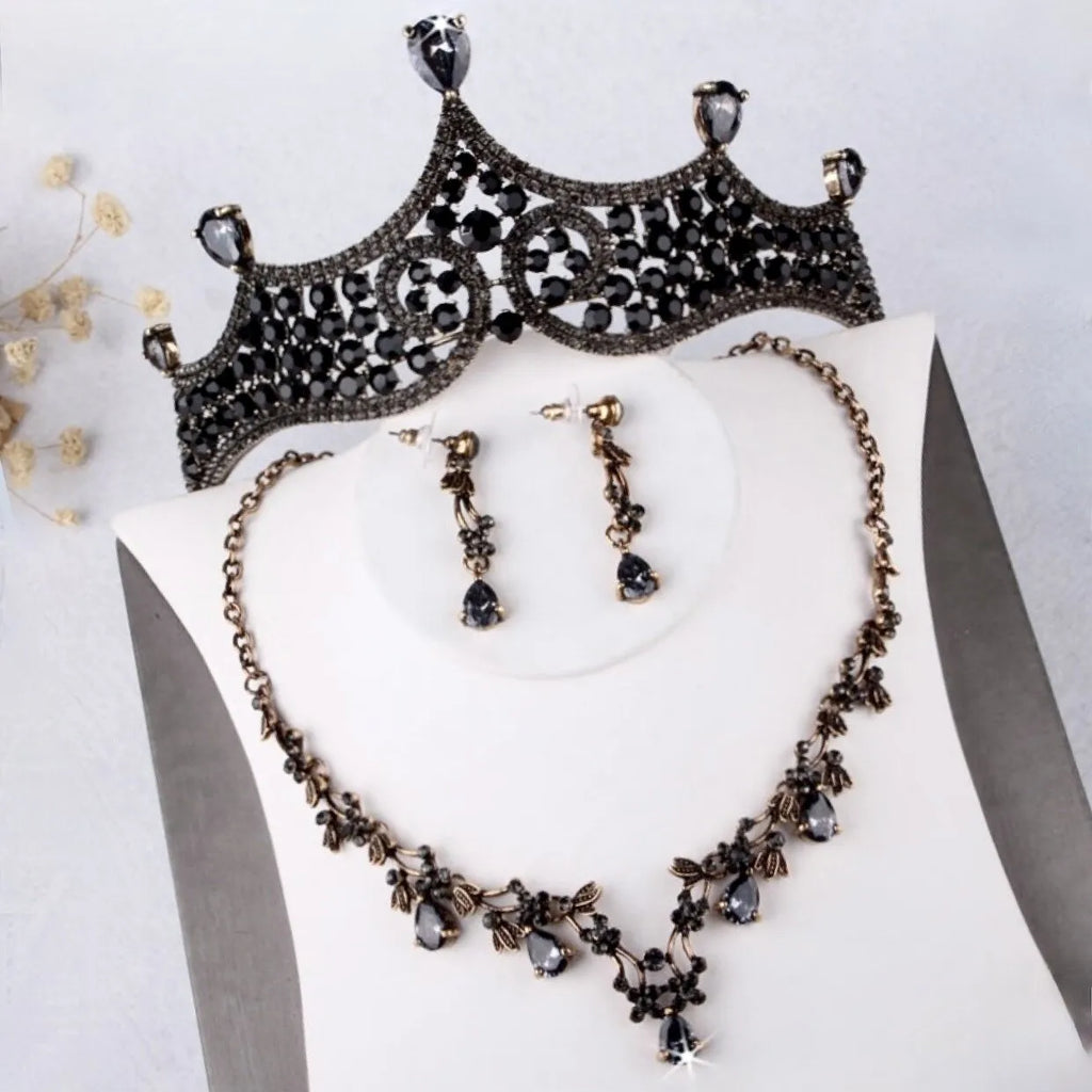 Black Victorian Bridal Jewelry Set with Tiara Gothic Wedding Jewelry Necklace and Earrings Set Black Victorian Bridal Jewelry Set with Tiara Gothic Wedding Jewelry Necklace and Earrings Set