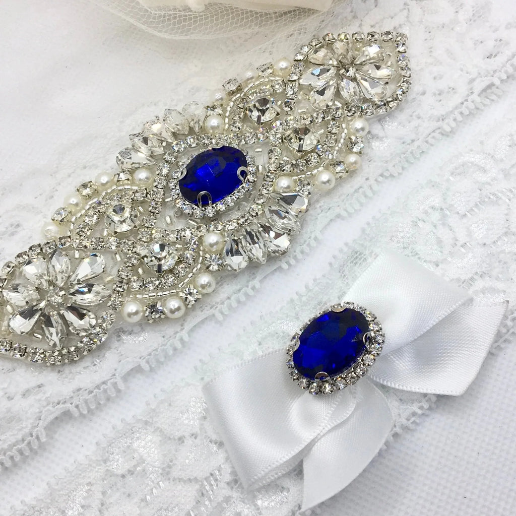 Blue Crystal Bridal Garter Set Wedding Garter Something Blue Ivory / 16" (approx. 41cm) Blue Crystal Bridal Garter Set Wedding Garter Something Blue Ivory / 16" (approx. 41cm)