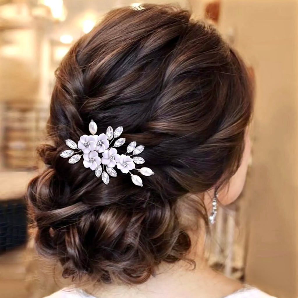 "Abranna" - Ceramic Flowers and Pearls Bridal Hair Pin