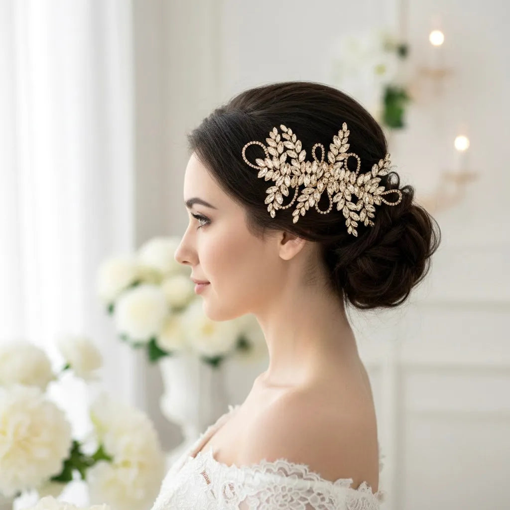Champagne Crystal Bridal Hair Vine in Gold - Flexible Wedding Hair