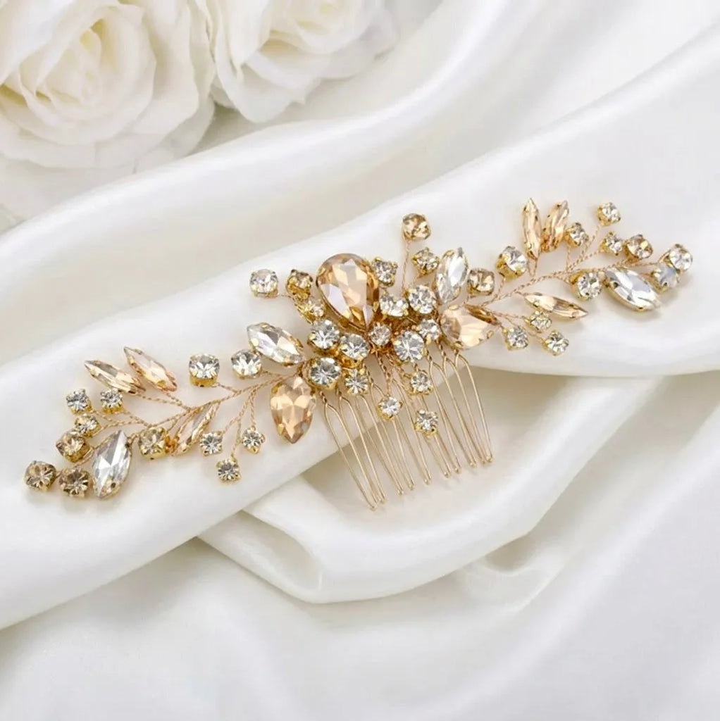 Champagne Crystal Bridal Hairpiece in Gold - Wedding Hair  display picture 3