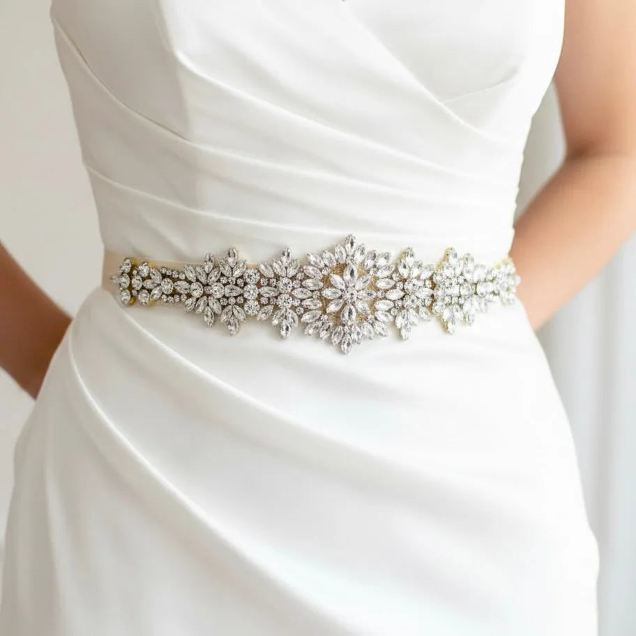 Gold Crystal Bridal Belt on Champagne Satin Ribbon