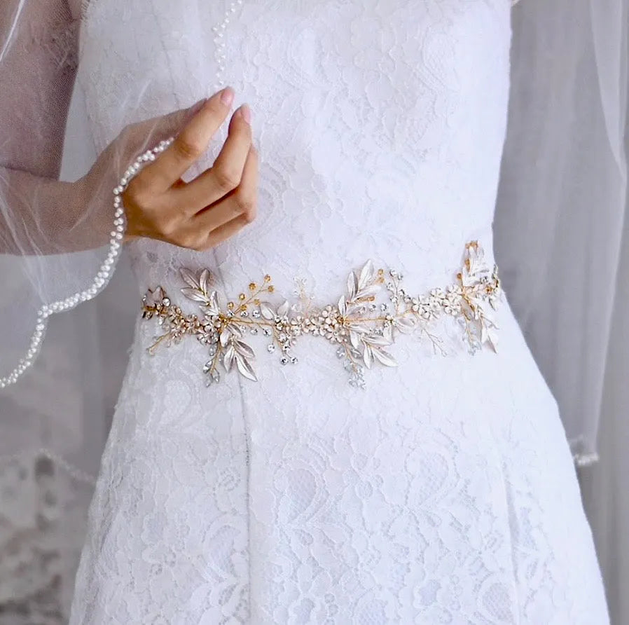 Ivy Bohemian Opal Bridal Belt – Gold & Silver Wedding Dress Sash Gold / Applique Only