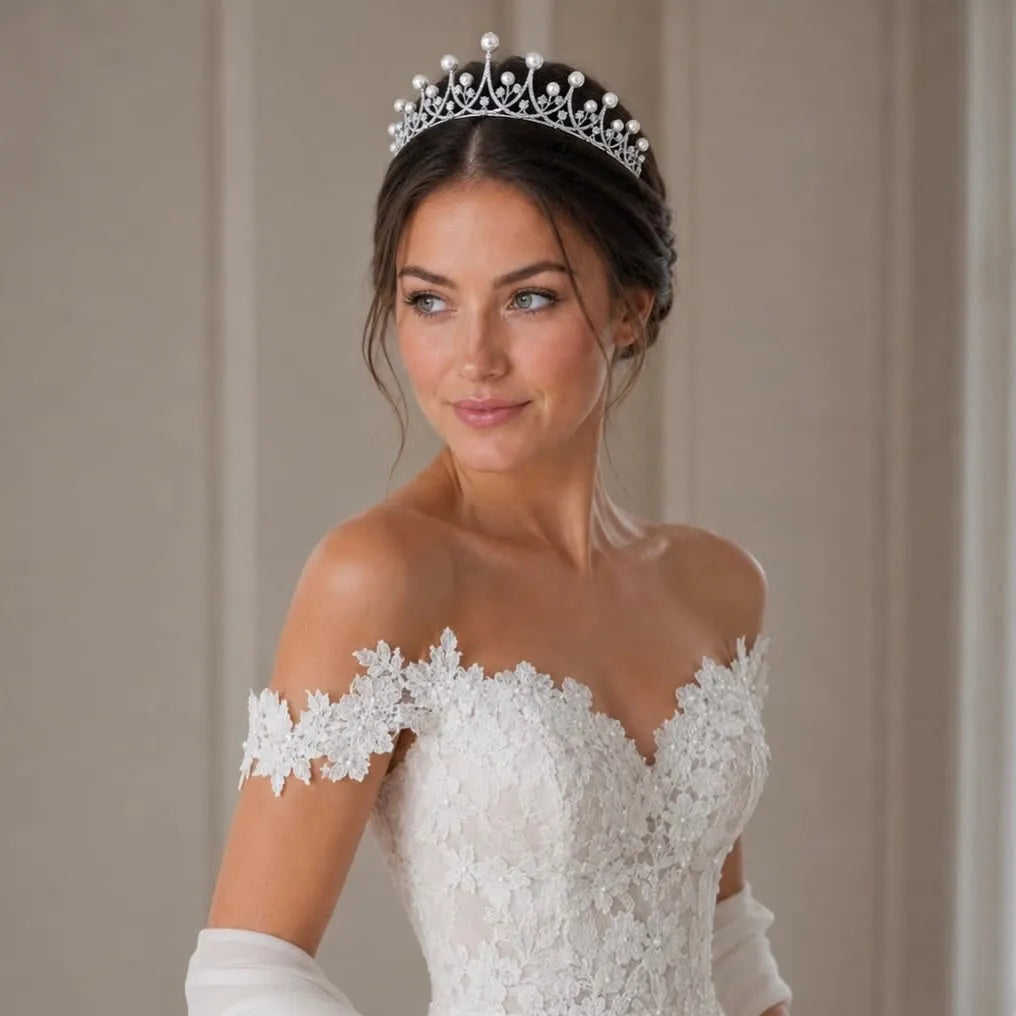Irene' Silver Pearl and Cubic Zirconia Wedding Tiara | ADORA by Simona