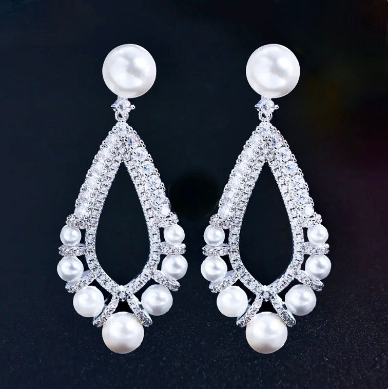 Pearl Wedding Jewelry - Pearl and Cubic Zirconia Bridal Earrings