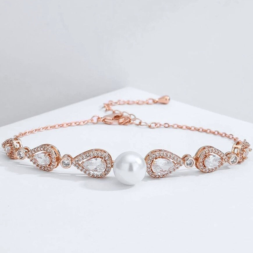 Pearl Wedding Jewelry - Pearl and Cubic Zirconia Bridal Bracelet - Available in Rose Gold, Silver and Yellow Gold