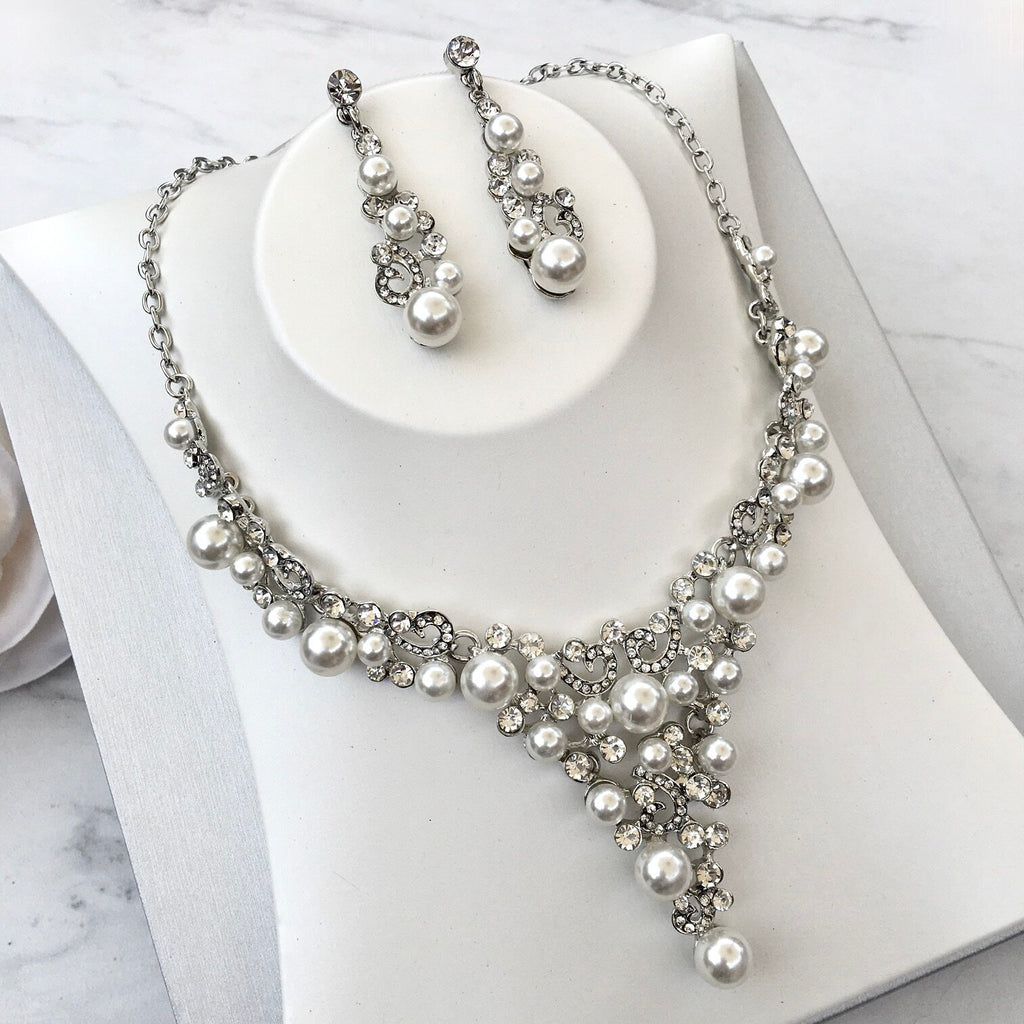 Pearl Crystal Bridal Jewelry Set Necklace, Earrings Tiara