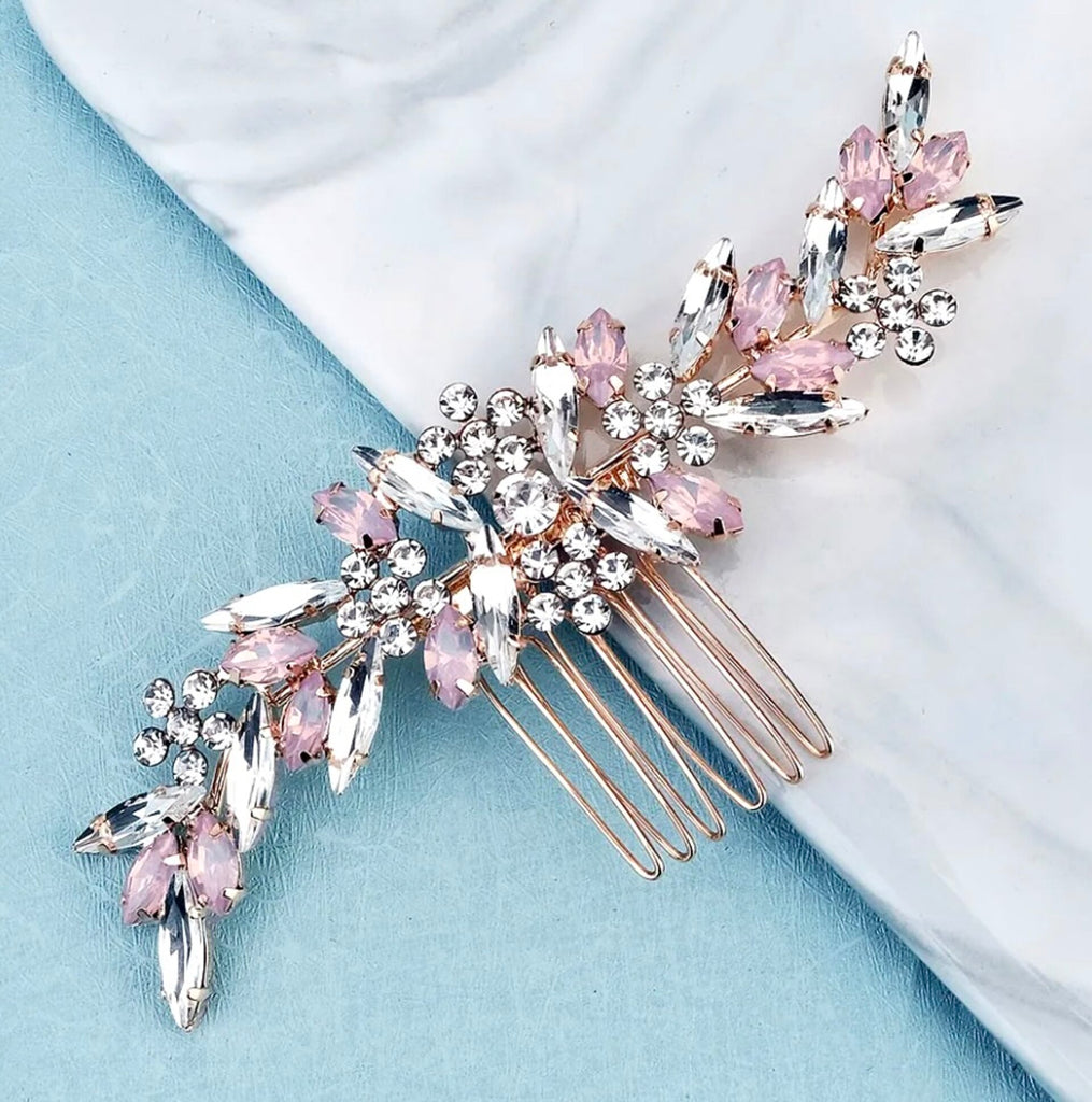 Wedding Hair Accessories - Pink Opal  Bridal Hair Comb in Rose Gold