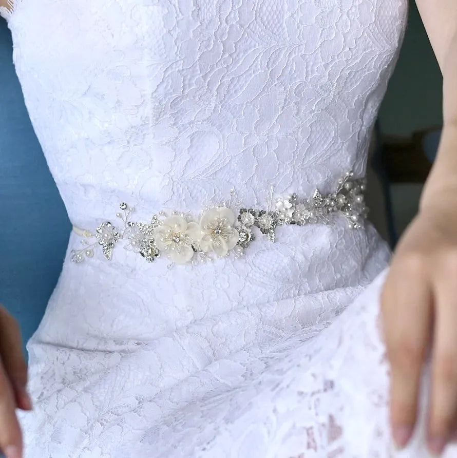 Sarita Silk Flower Bridal Belt Sash – Wedding Dress Belt with Pearls & Crystals White Satin Ribbon