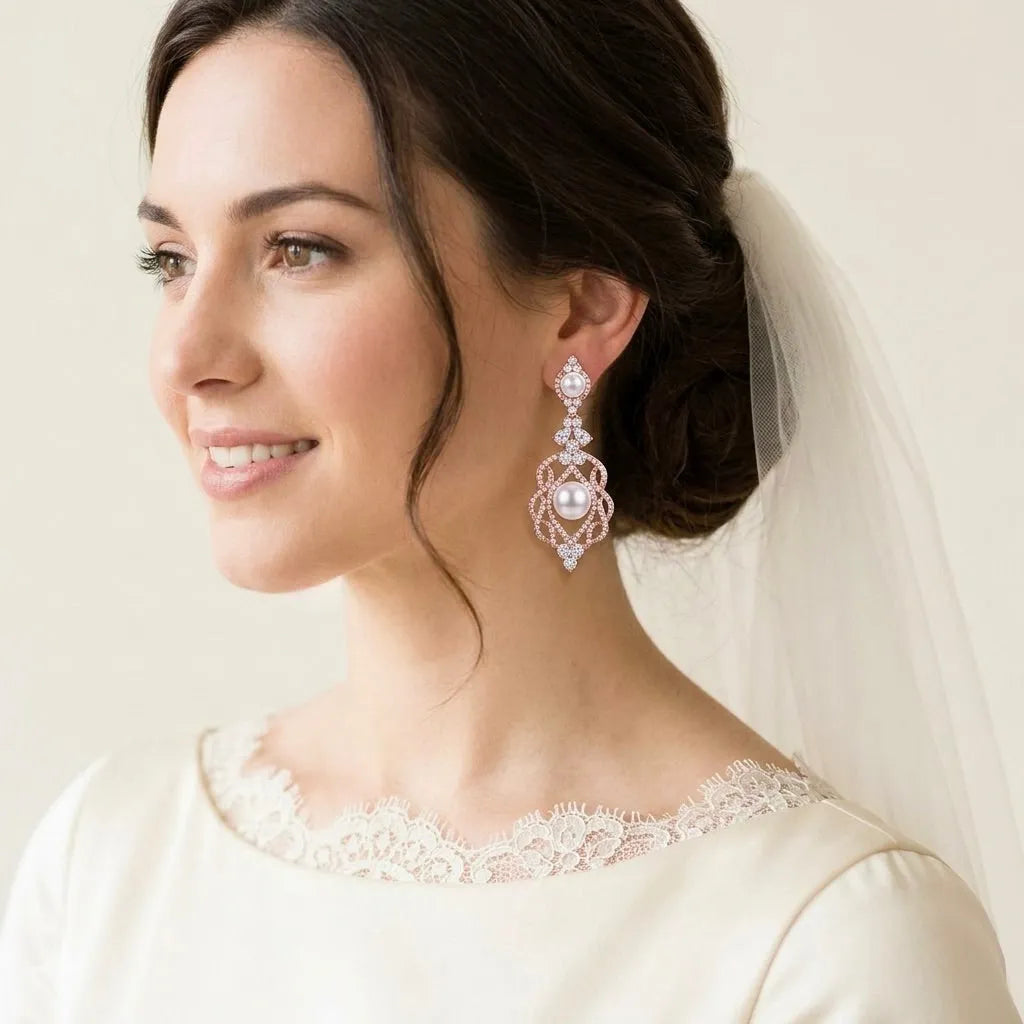 earrings for rose gold dress Wedding Jewelry | Pearl and CZ Bridal - & Silver bridal cz jewelry set