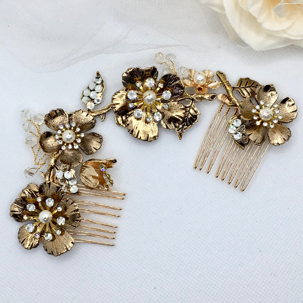 Wedding Pearl Jewelry - Vintage Gold Bridal Hair Comb / Vine