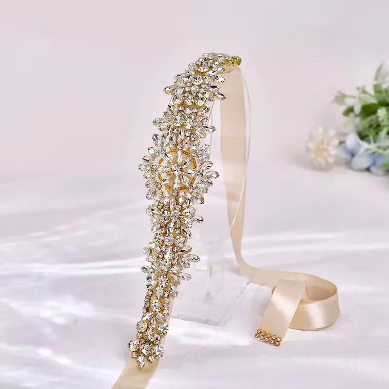 Gold Crystal Bridal Belt on Champagne Satin Ribbon | Wedding Accessories