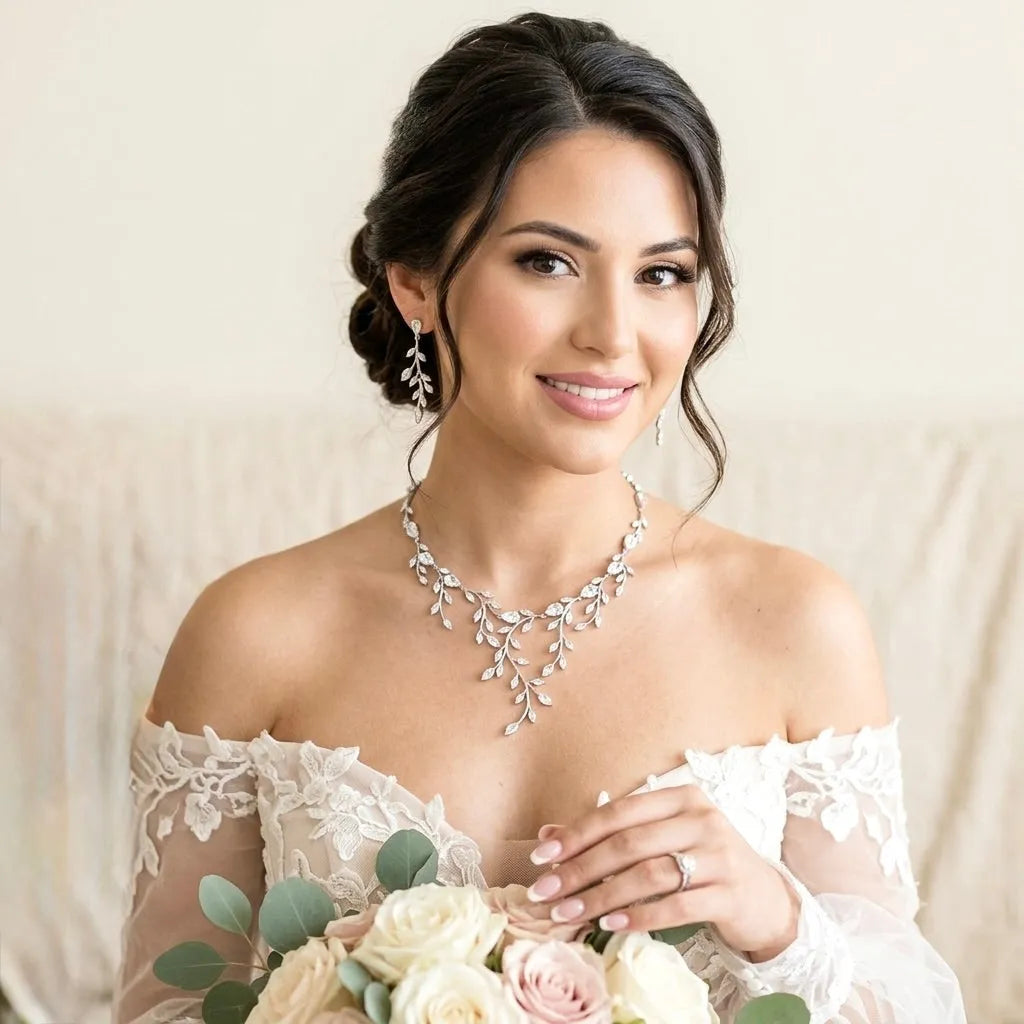 gold or silver jewlery with yellow dress Elona CZ Vine Bridal Jewelry Set – Silver, Rose & Gold Ensemble jewelry accessories for a yellow dress