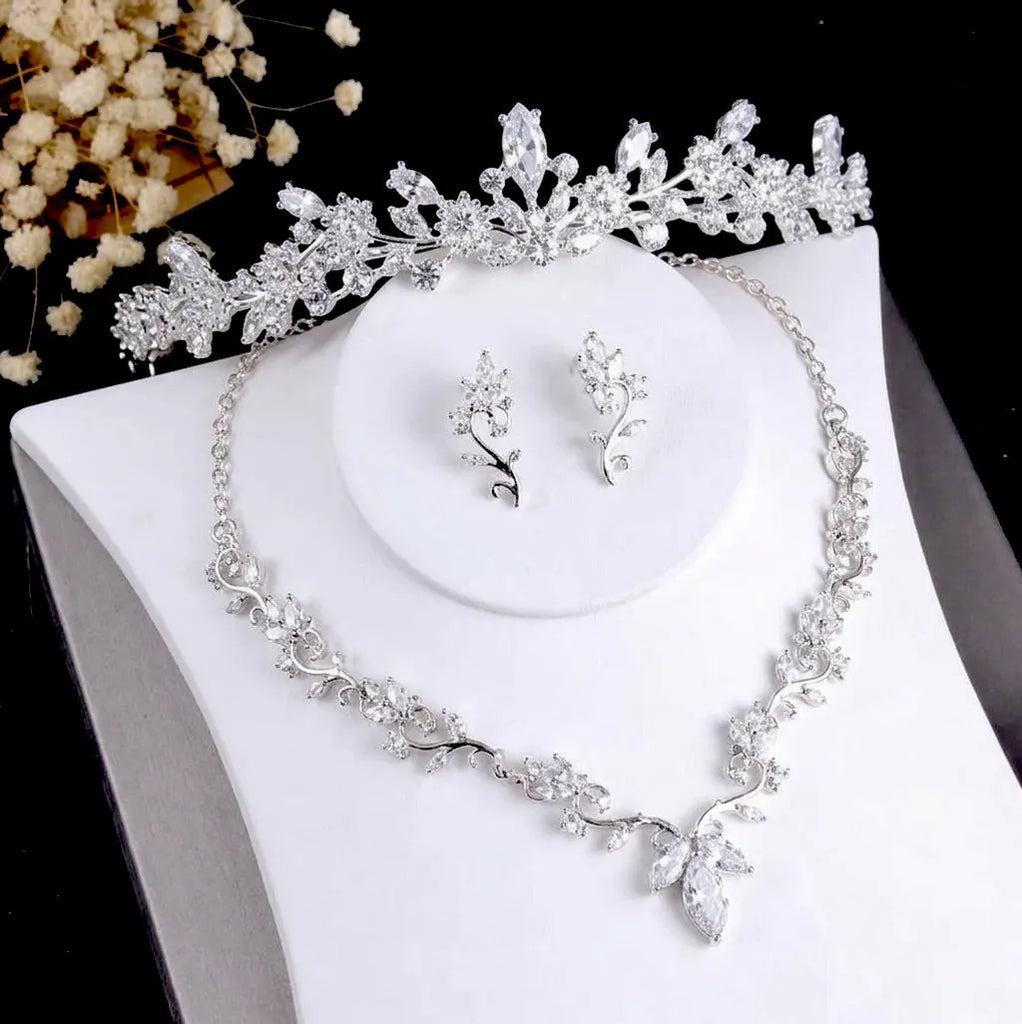 Pearl & Crystal Bridal Tiara Necklace Earring Set - Silver Tone WREN-PEARLS Crystal Tiara – Wedding Crown | Ellee Couture  main image 2