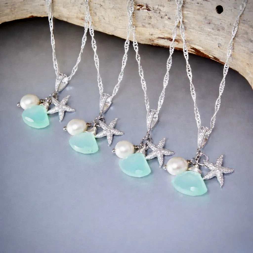 necklace for bridesmaid dress Wedding Jewelry - Aqua Bridesmaids Necklaces | ADORA by Simona A-Line Off Shoulder Satin nursing dress for work maid of honor Pattern:Coral Way