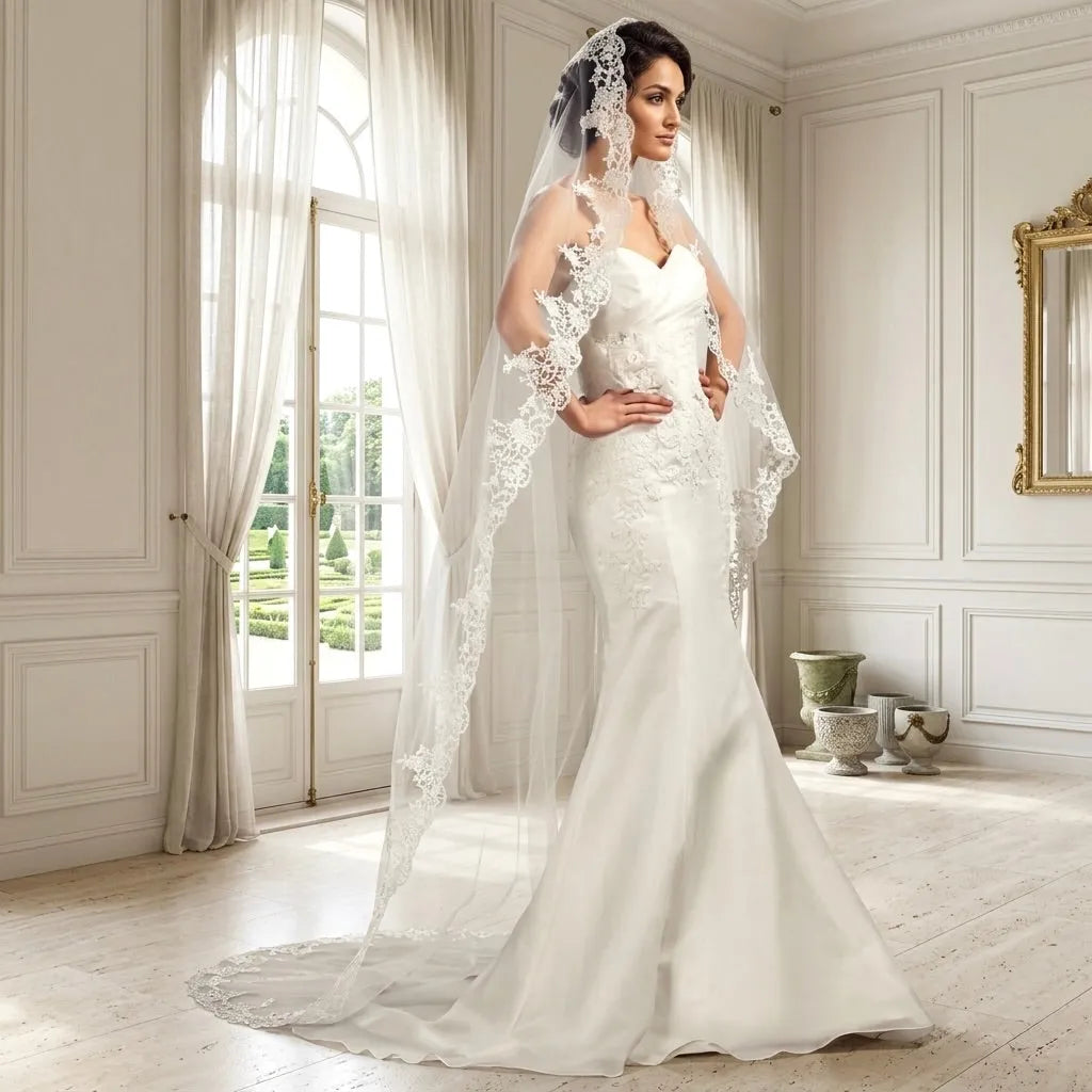 Cathedral Mantilla Veil with Lace Edge – White or Ivory Bridal Veil Style 2 without Comb