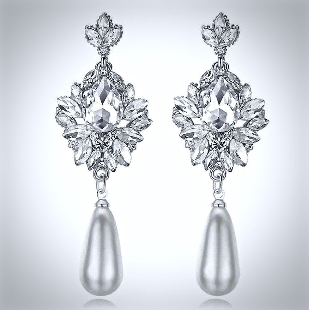 Wedding Jewelry - Silver Pearl and Crystal Bridal Earrings 