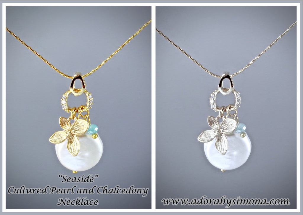 "Seaside" - Cultured Pearl and Chalcedony Necklace - Available in Gold and Silver