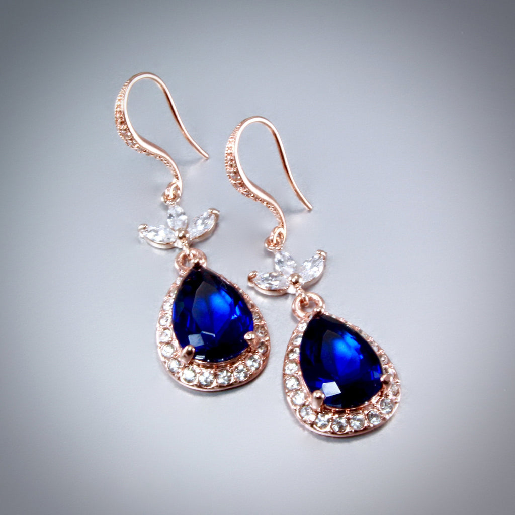 "Skye" - Rose Gold and Sapphire Blue Cubic Zirconia Bridal Earrings 