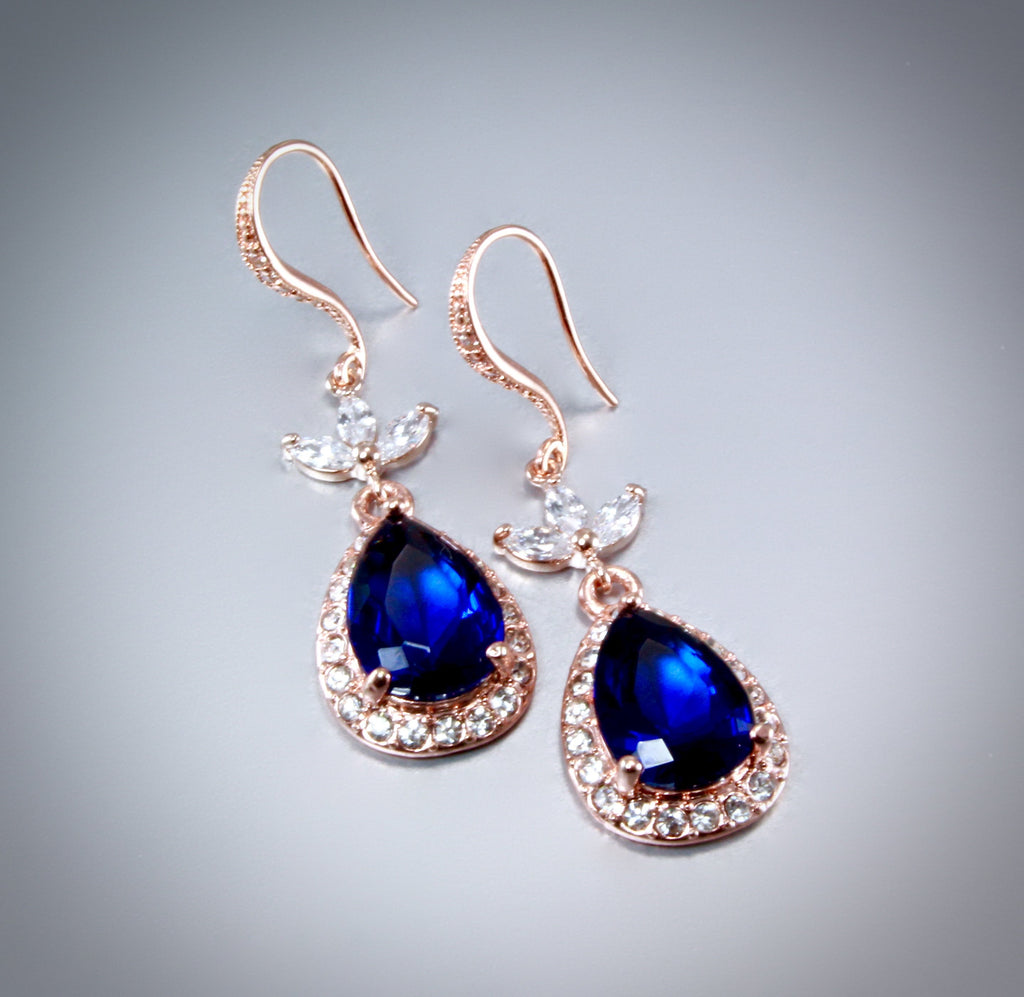 "Skye" - Rose Gold and Sapphire Blue Cubic Zirconia Bridal Earrings 