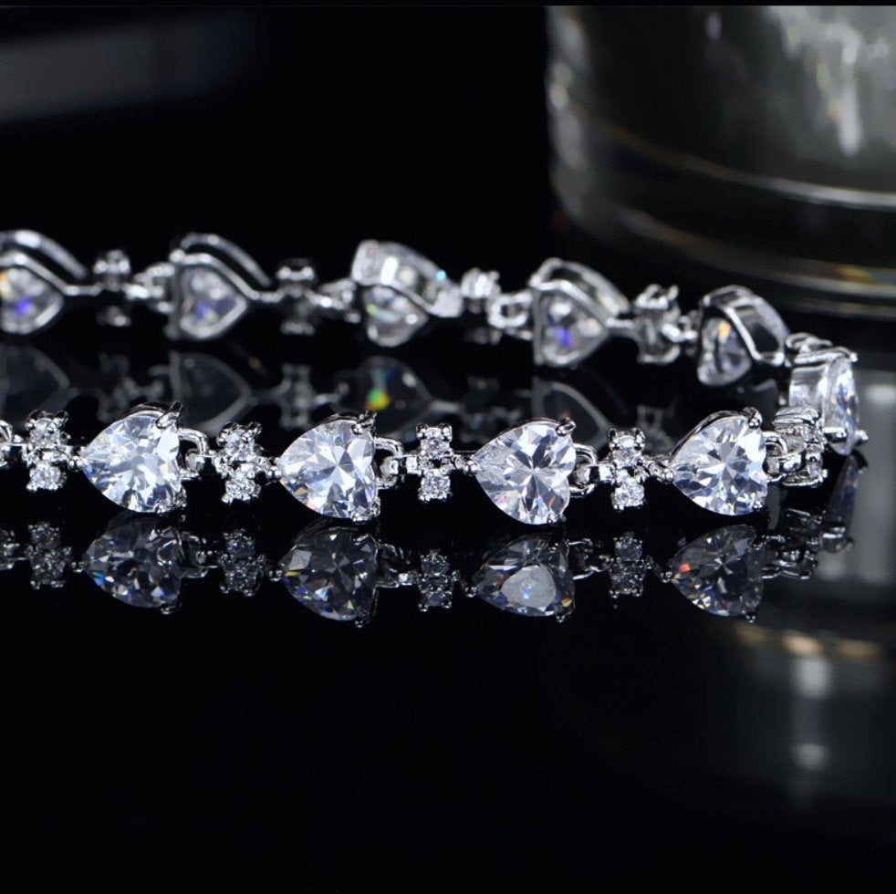 Wedding Jewelry - Silver Cubic Zirconia Heart Bracelet