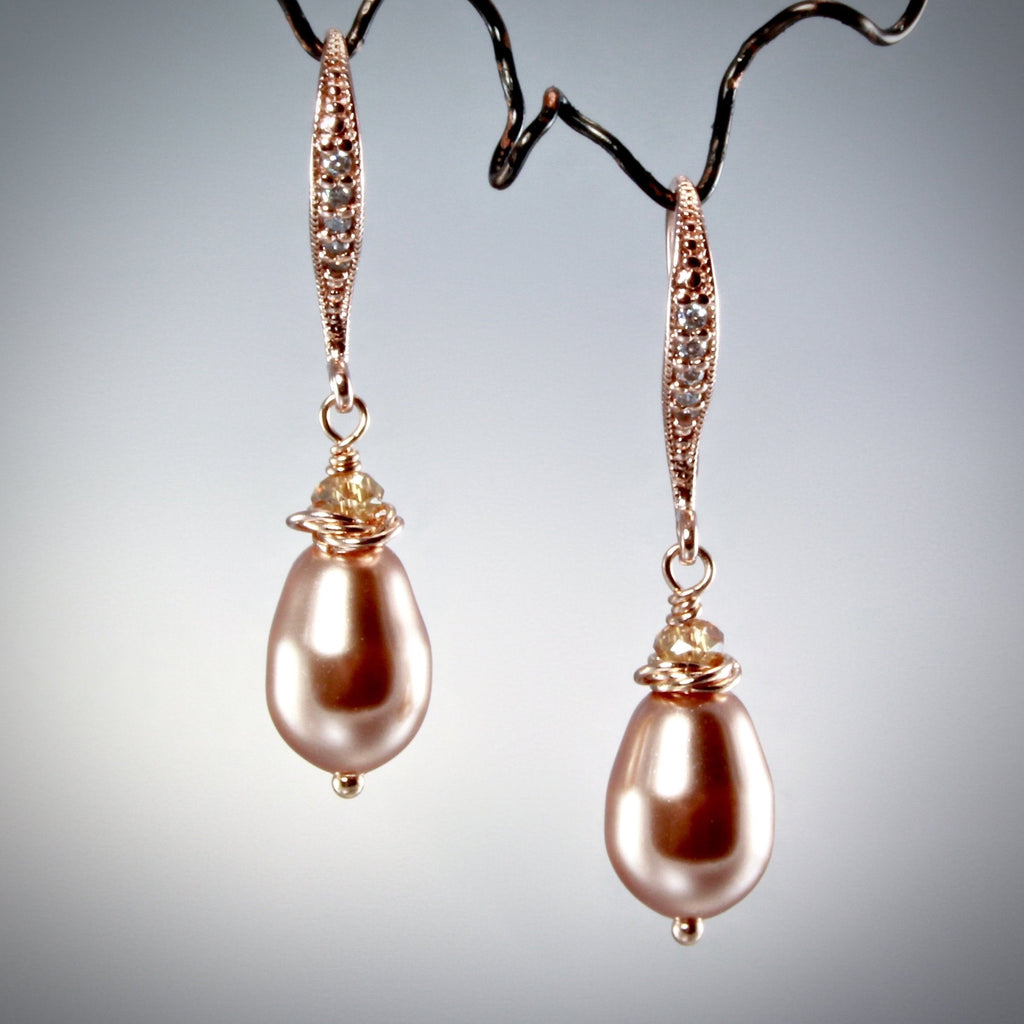 "Shanti" - Swarovski Pearl and Rose Gold Bridal Earrings 