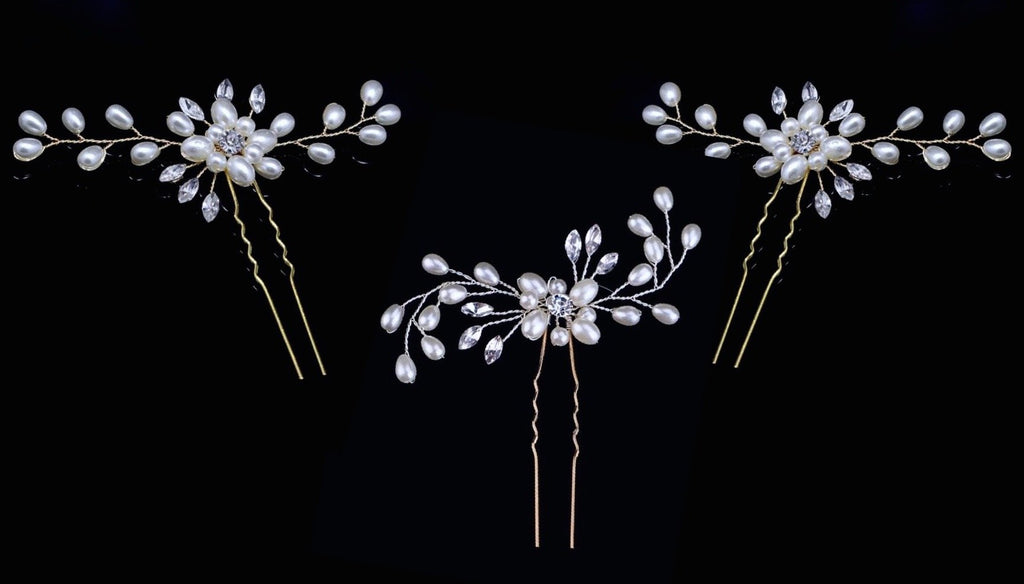 "Blanca" - Pearl and Crystal Bridal Hair Pin - Set of 3
