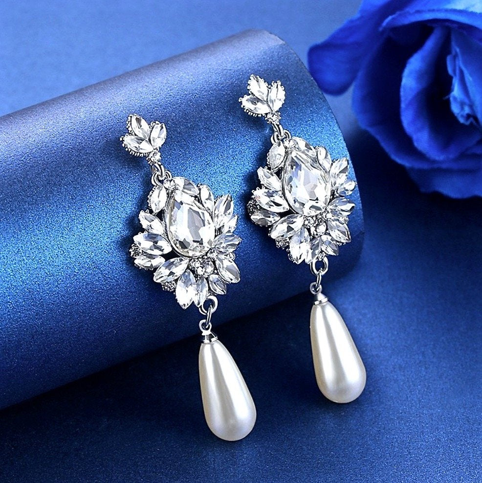 Wedding Jewelry - Silver Pearl and Crystal Bridal Earrings 