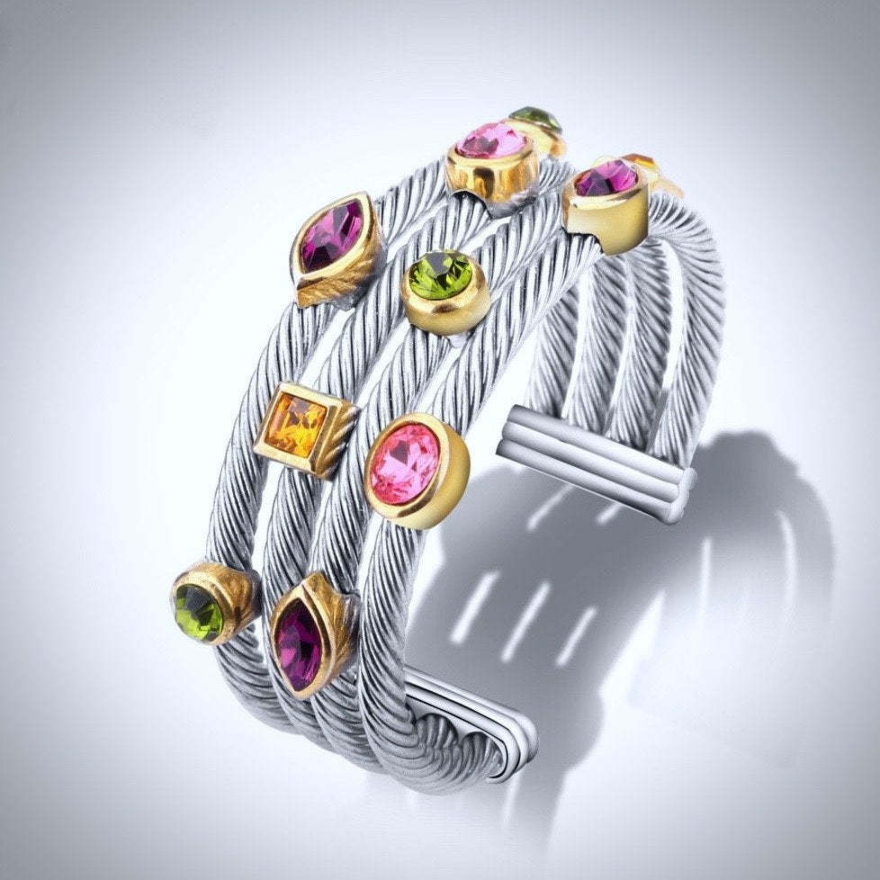 "Blossom" - Two-Tone Multicolor Cubic Zirconia Cuff Bracelet