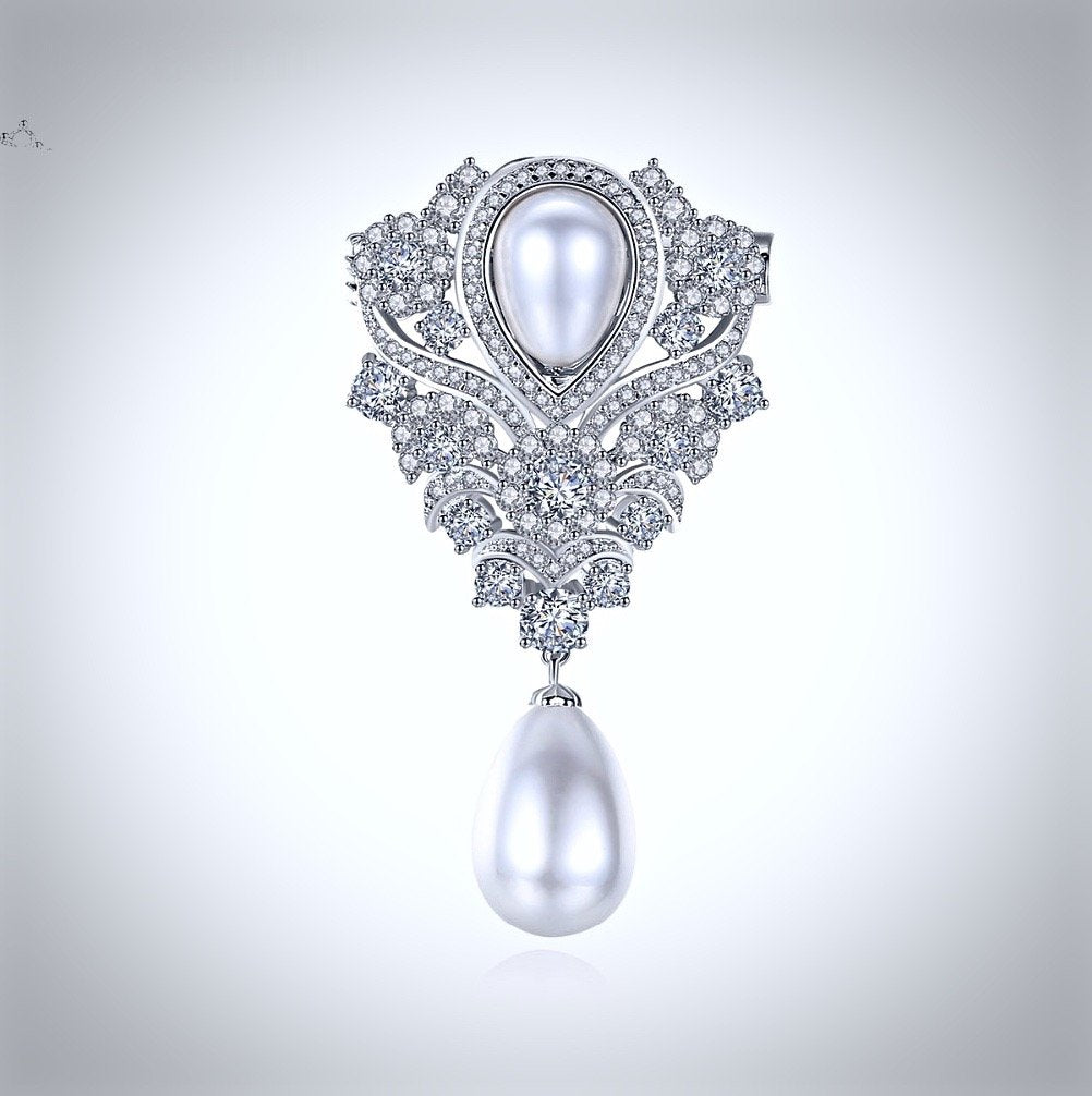 "Ramona" - Pearl and Cubic Zirconia Bridal Brooch