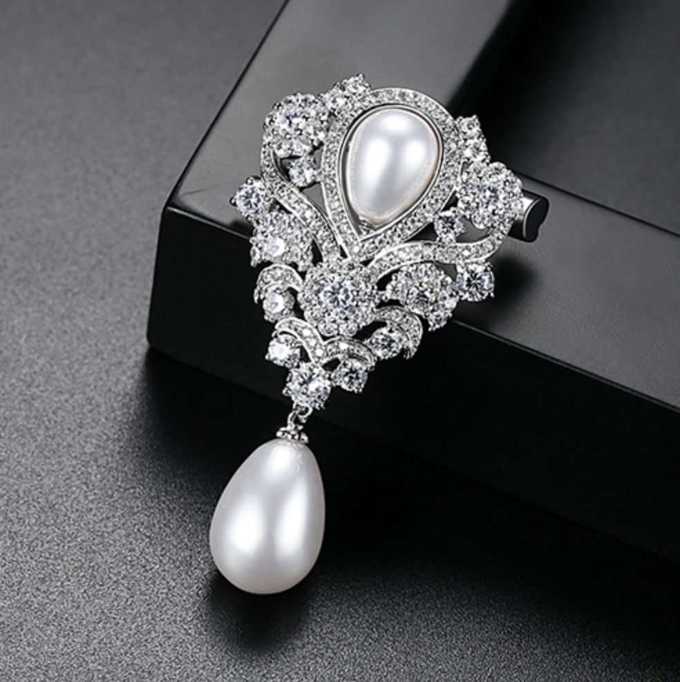 "Ramona" - Pearl and Cubic Zirconia Bridal Brooch