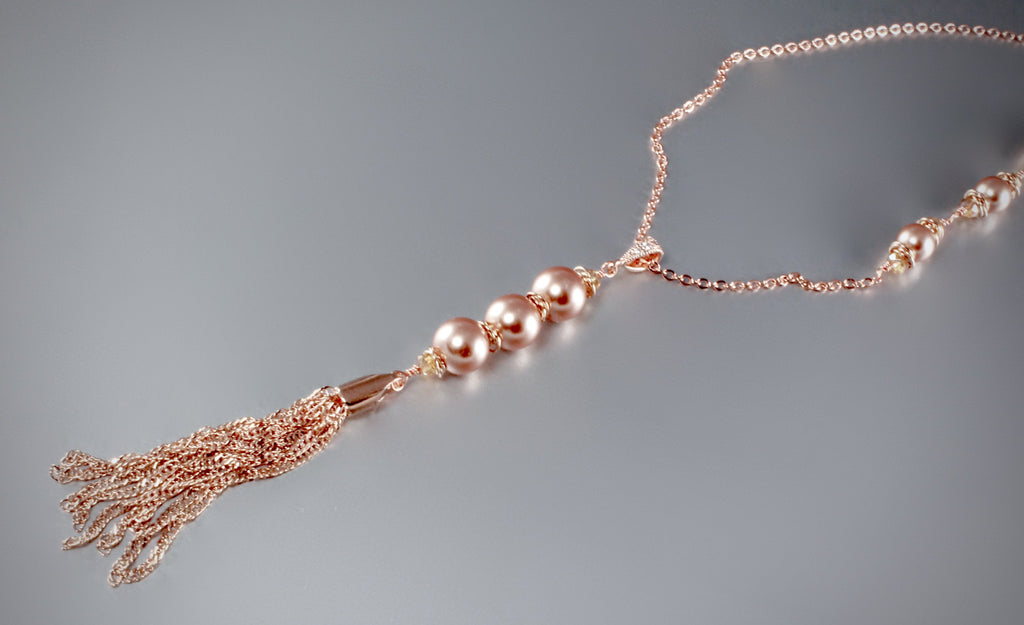 "Camellia" - Swarovski Pearl and Rose Gold Tassel Necklace