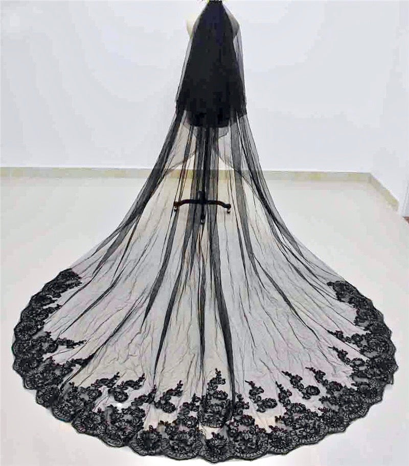 Wedding Veils - Black Lace Edge Cathedral Bridal Veil