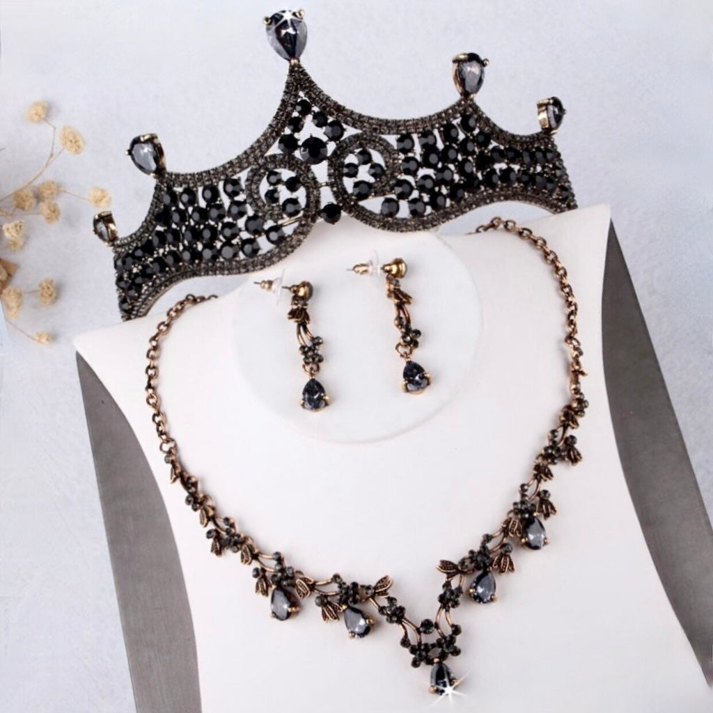 Adora by Simona Wedding Jewelry and Accessories - Victorian Gothic Black Bridal 3-Piece Jewelry Set with Tiara Necklace and Earrings Set