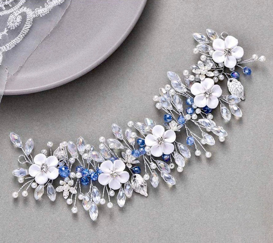 Wedding Hair Accessories - Blue Ceramic Flowers Bridal Headband / Hair Vine