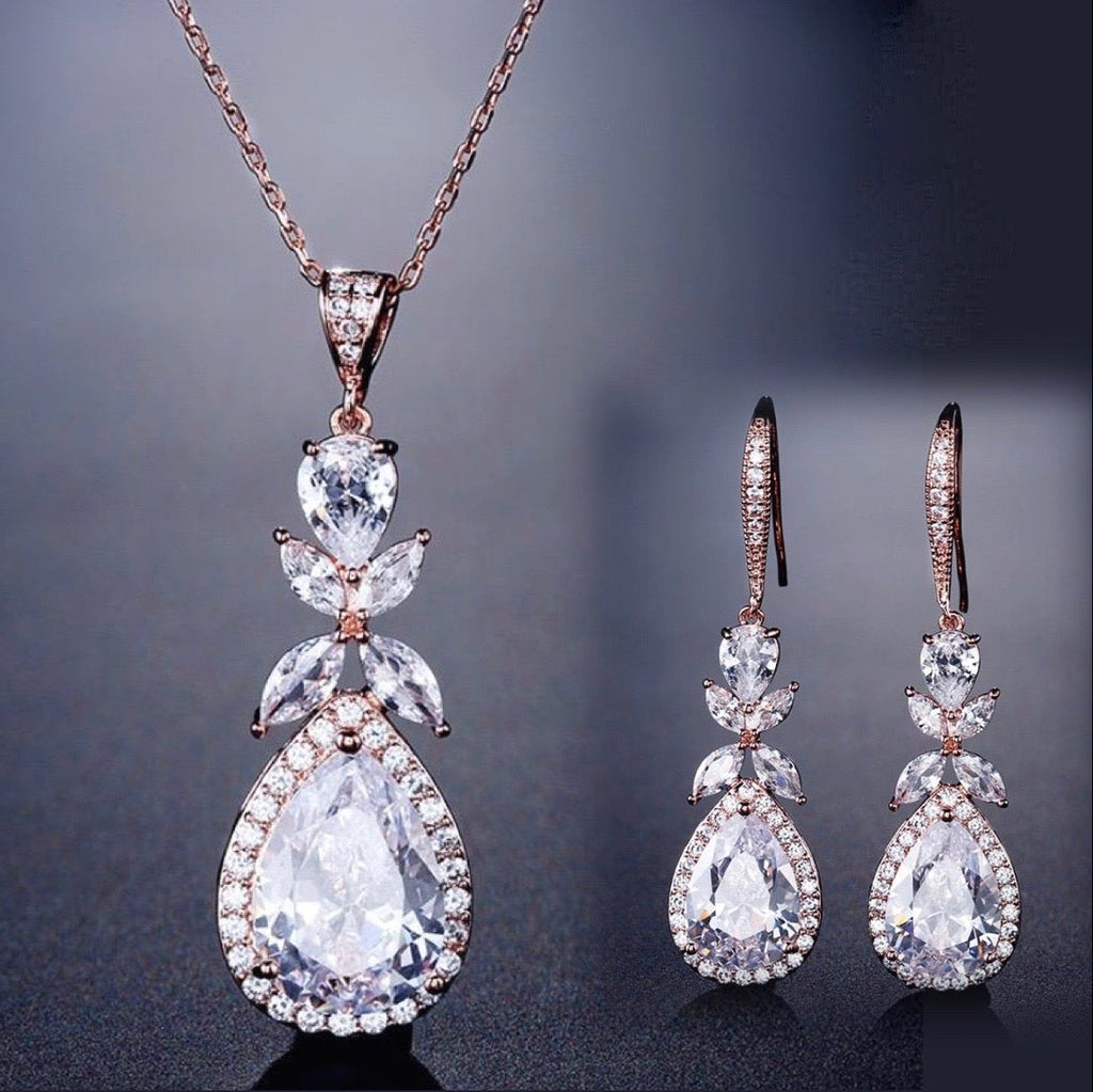 Wedding Jewelry - Cubic Zirconia Bridal Backdrop Necklace and Earrings Set