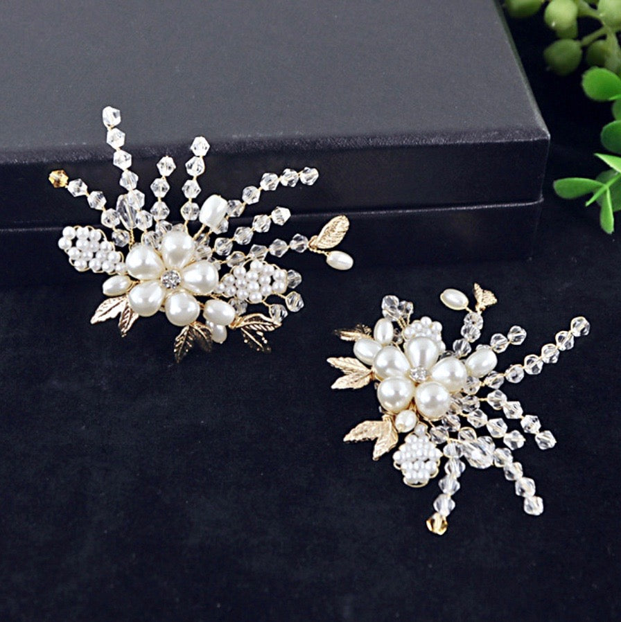 Wedding Accessories - Pearl and Crystal Gold Bridal Shoe Clips