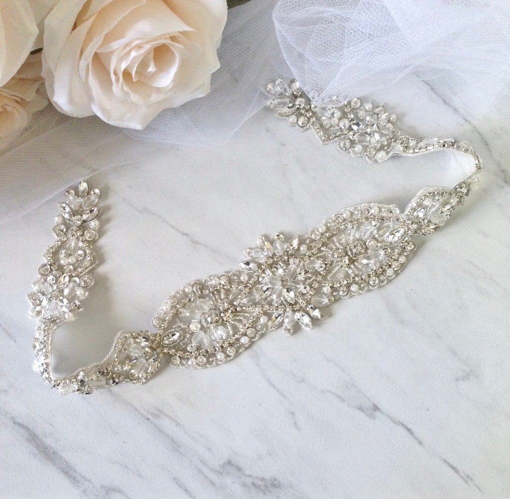 Wedding Accessories - Silver Crystal and Pearl Bridal Belt/Sash Applique Only