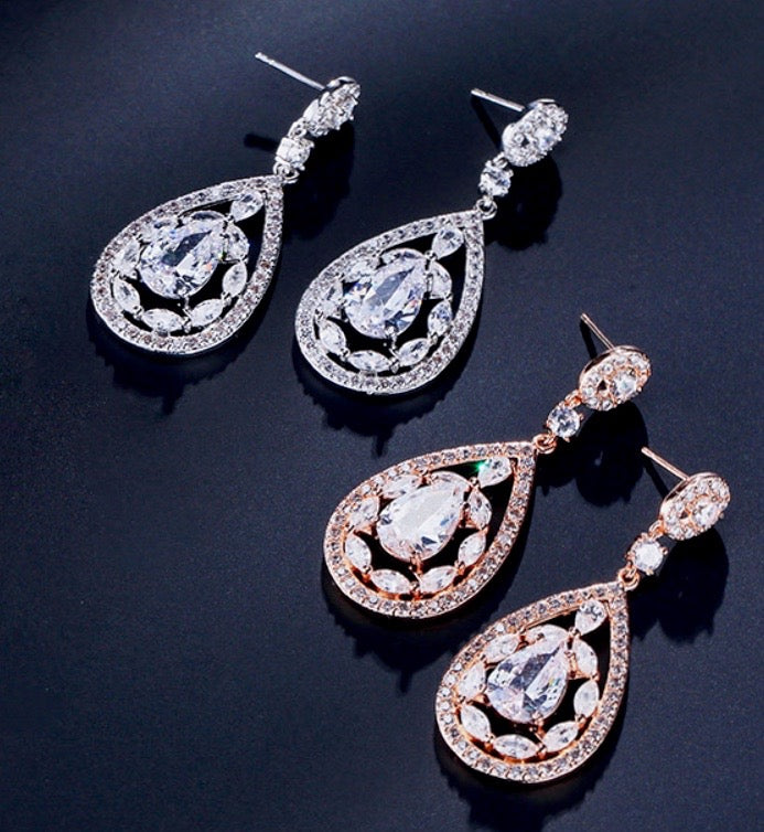 Wedding Jewelry - Cubic Zirconia Bridal Earrings - Available in Rose Gold and Silver
