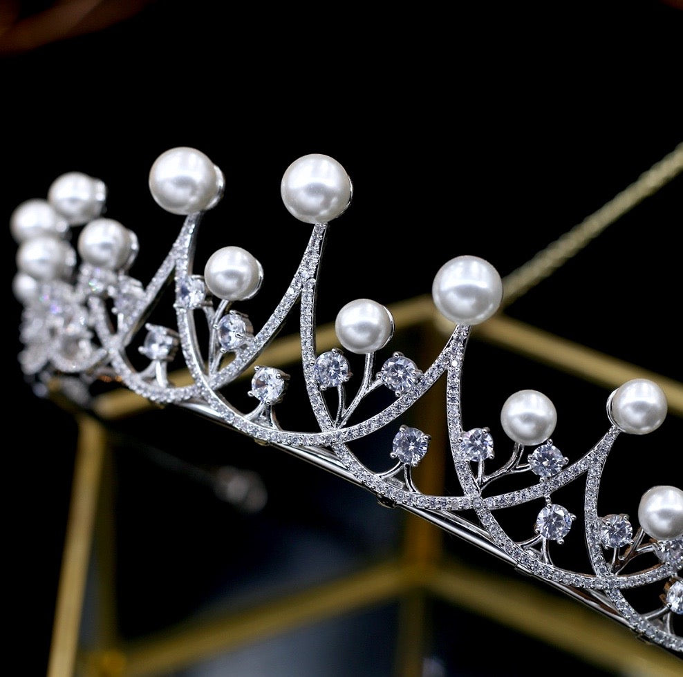 Wedding Hair Accessories - Silver Pearl and Cubic Zirconia Tiara