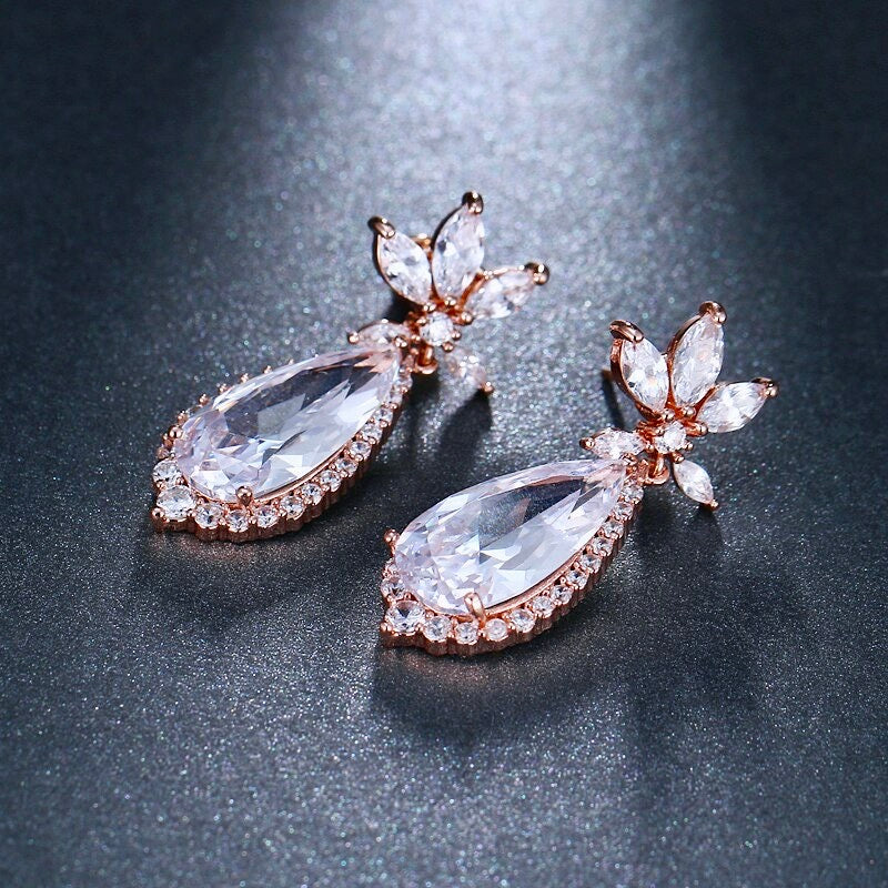 Wedding Jewelry - Cubic Zirconia Bridal Earrings - Available in Rose Gold and Silver