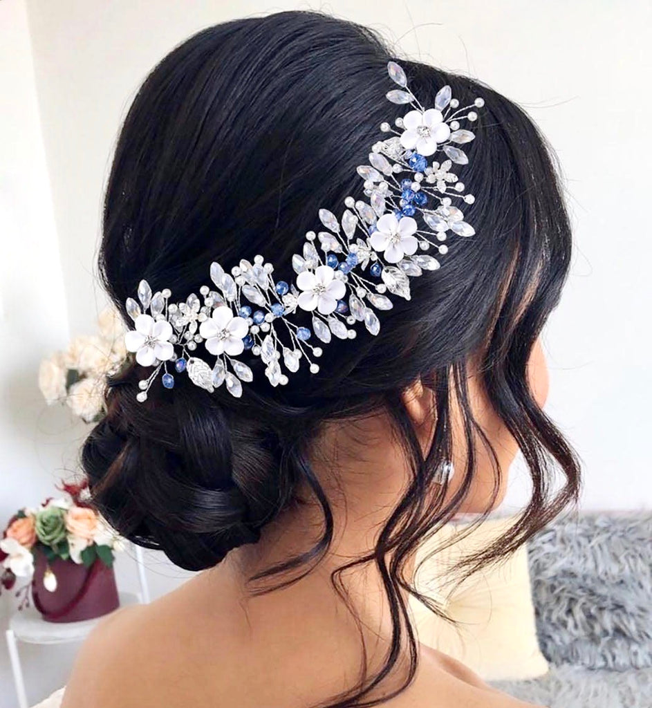 Wedding Hair Accessories - Blue Ceramic Flowers Bridal Headband / Hair Vine