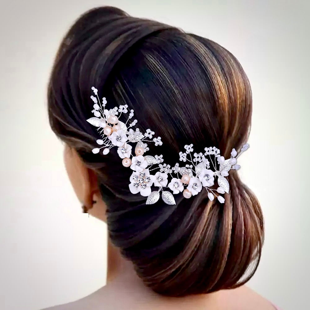 Wedding Hair Accessories - Ceramic Flowers Bridal Headband / Hair Vine - Available in Silver and Gold