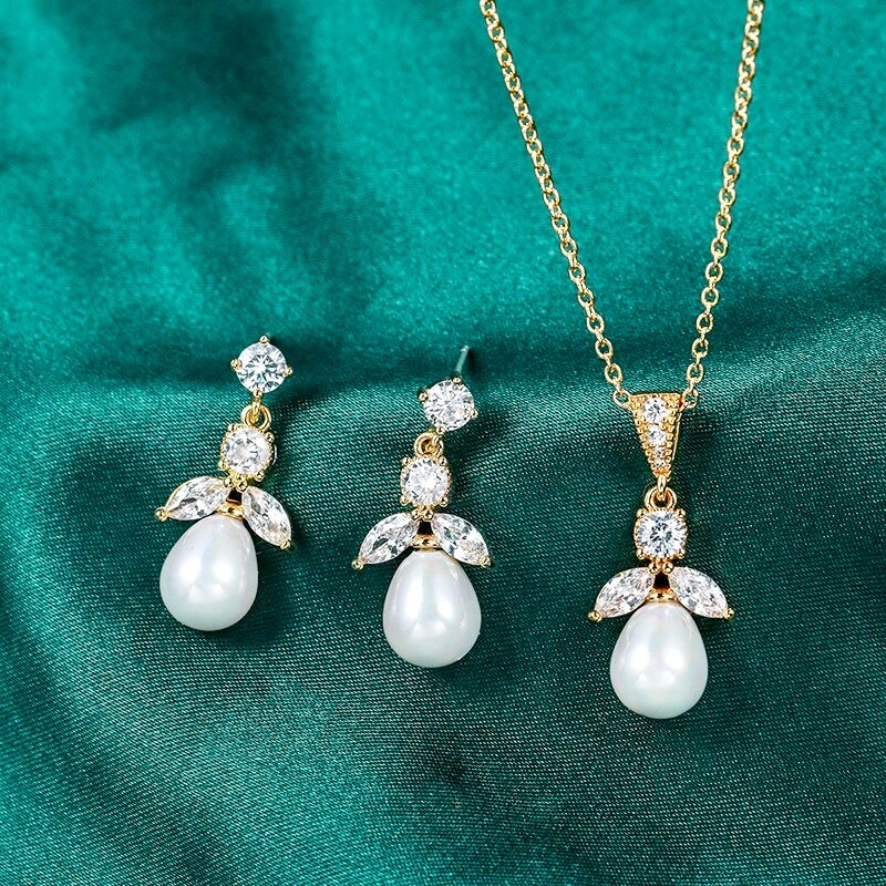 Pearl Wedding Jewelry - Pearl and Cubic Zirconia Jewelry Set - Available in Gold and Silver