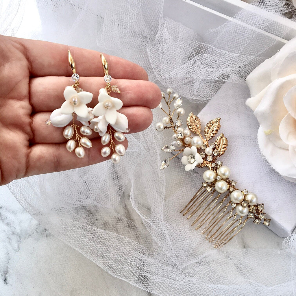 Wedding Hair Accessories - Ceramic Flowers Bridal Hair Comb and Earrings Set - Gold