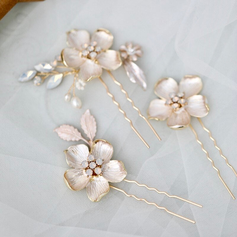 Wedding Hair Accessories -  Gold Opal Bridal Hair Pin Set