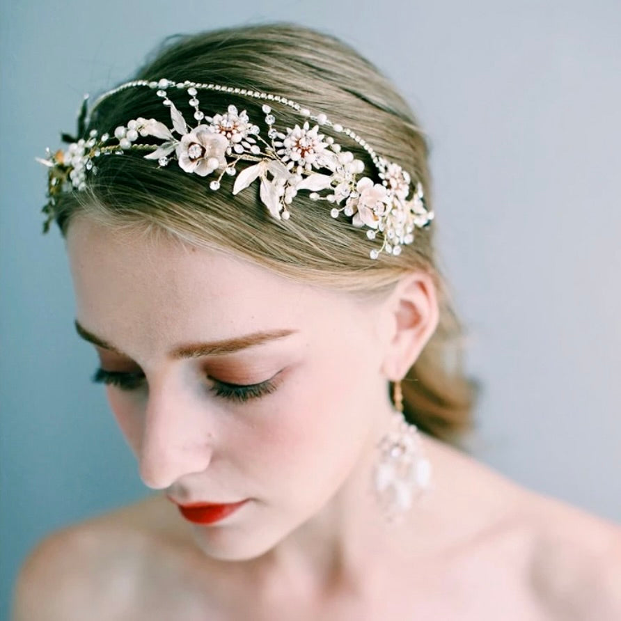 Wedding Hair Accessories - Gold Pearl and Crystal Bridal Headband with Matching Earrings