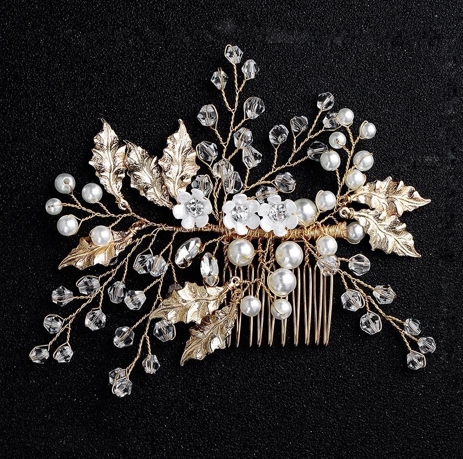 Wedding Hair Accessories - Gold Pearl and Crystal Bridal Hair Comb