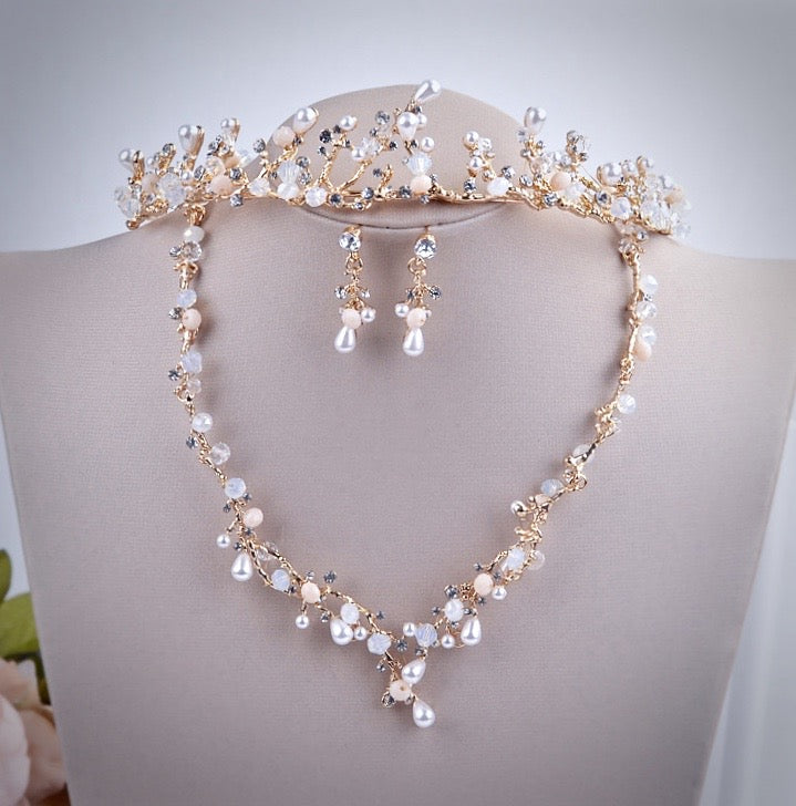 Pearl Wedding Jewelry - Pearl and Cubic Zirconia Bridal 3-Piece Jewelry Set With Tiara - Available in Yellow Gold and Silver